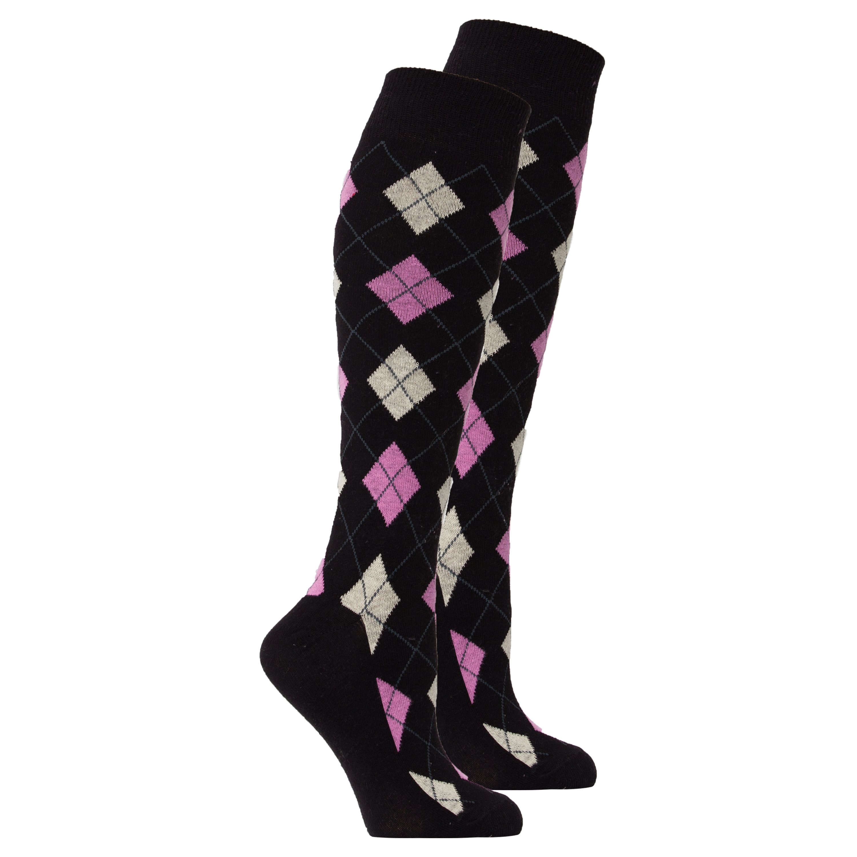 A pair of Women's Natural Black Argyle Knee High Socks featuring a trendy argyle pattern, perfect for stylish outfits.