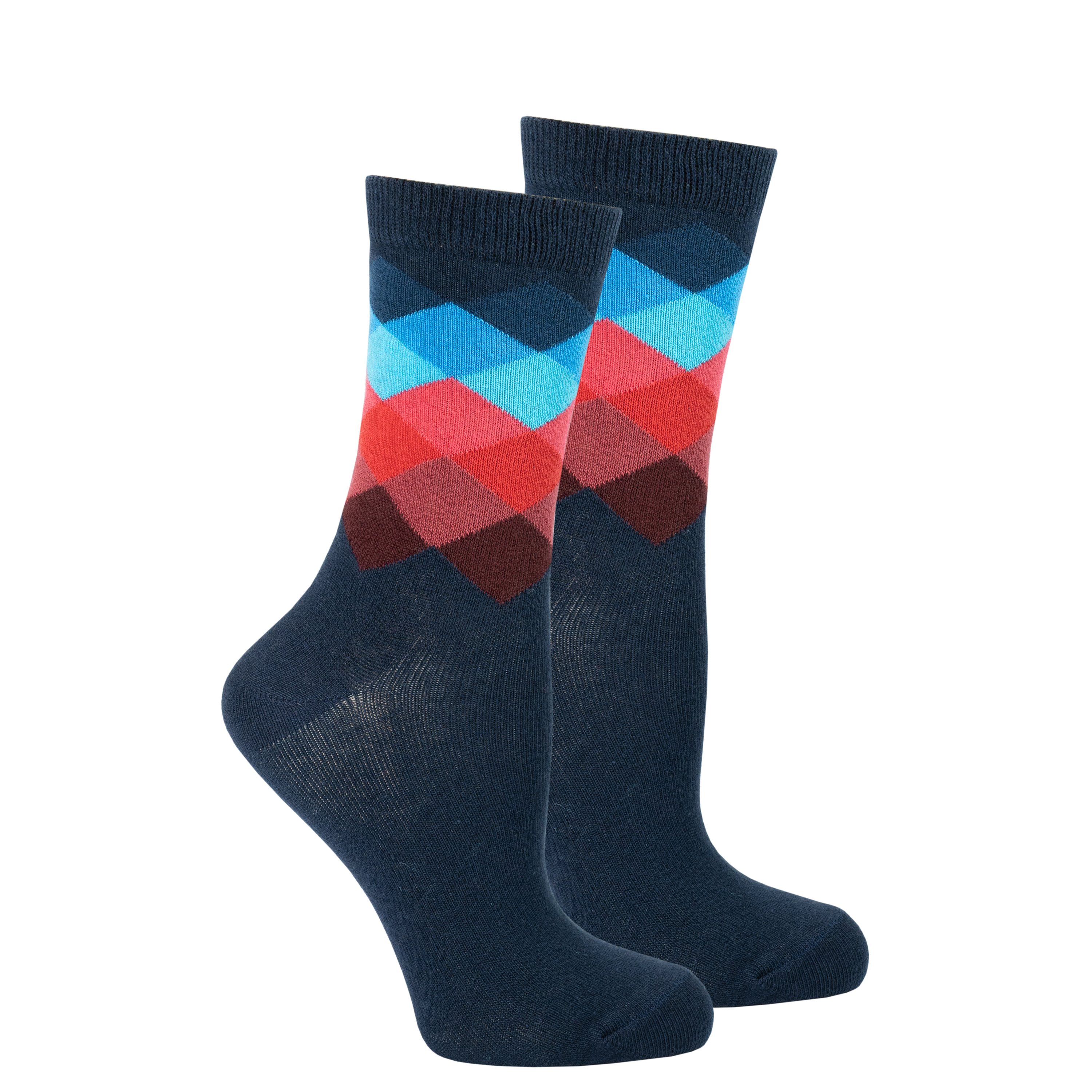 A pair of Women's Navy Paradise Diamond Socks featuring a colorful diamond pattern, made from soft Turkish cotton for comfort.
