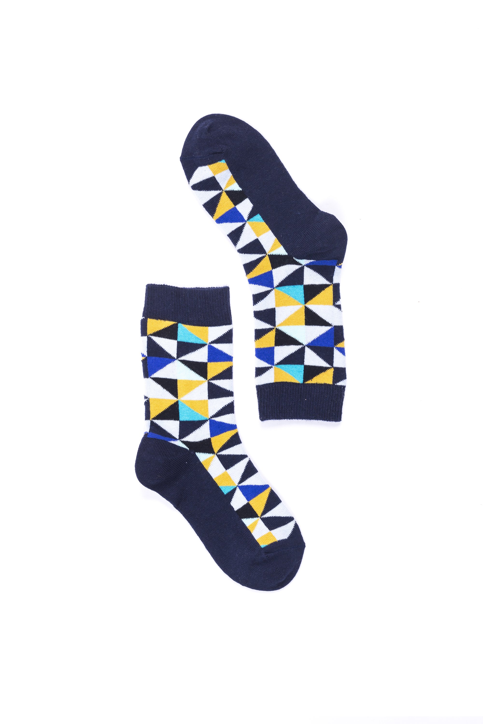 A pair of Women's Navy Triangle Socks featuring a colorful triangle pattern, made from soft Turkish cotton for comfort and style.