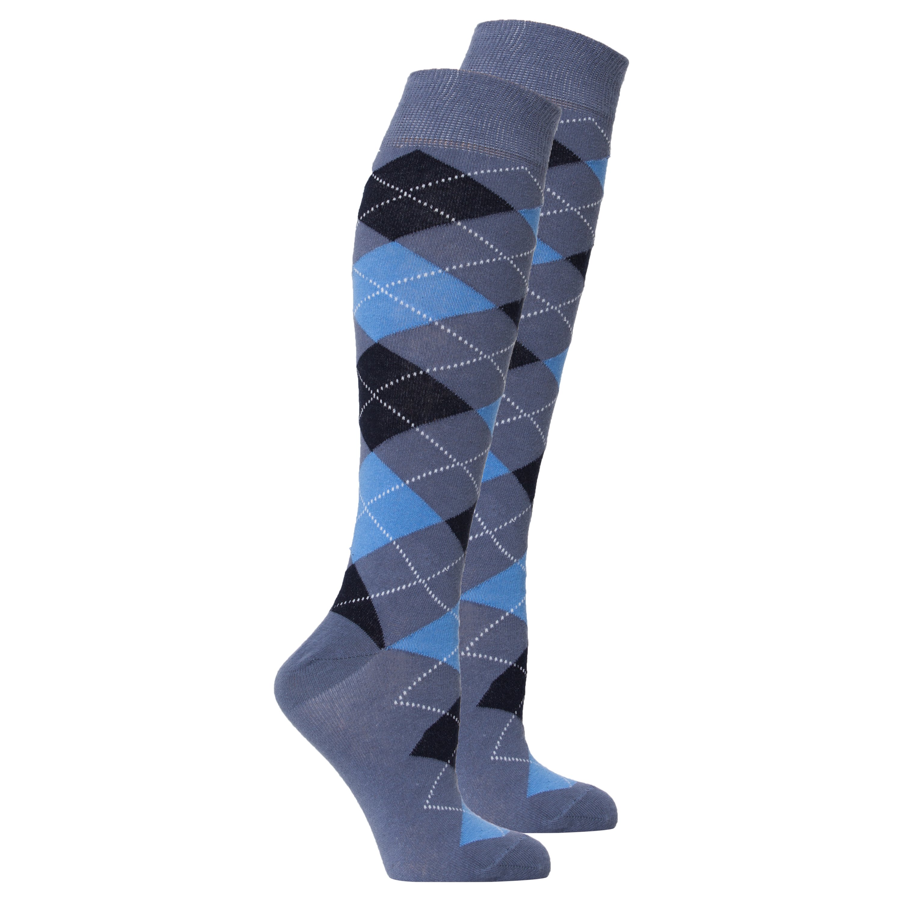 A pair of Women's Palace Blue Argyle Knee High Socks featuring a vibrant blue color and classic argyle pattern, perfect for stylish outfits.