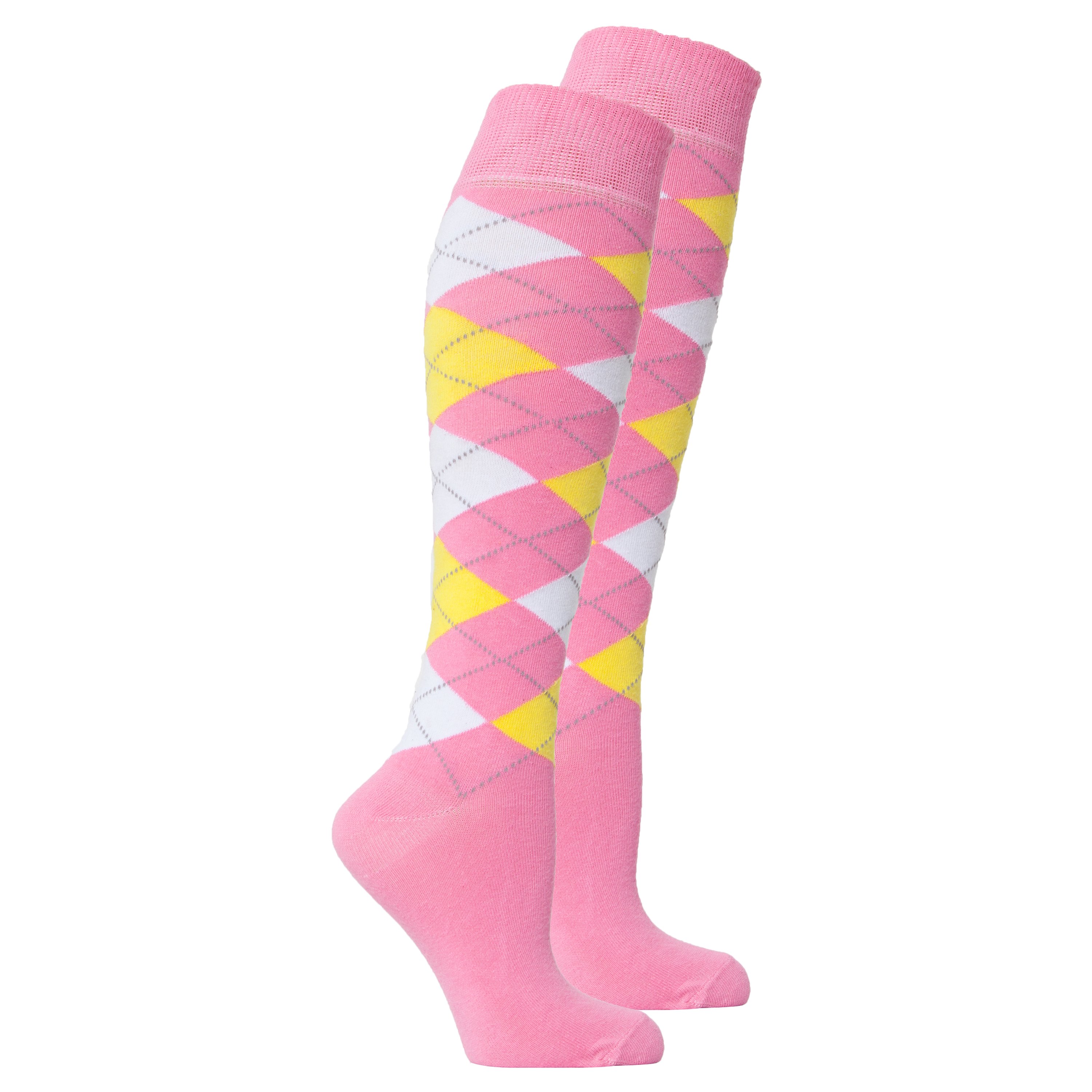 A pair of vibrant Women's Pink Candy Knee High Socks featuring colorful patterns, perfect for adding style to any outfit.