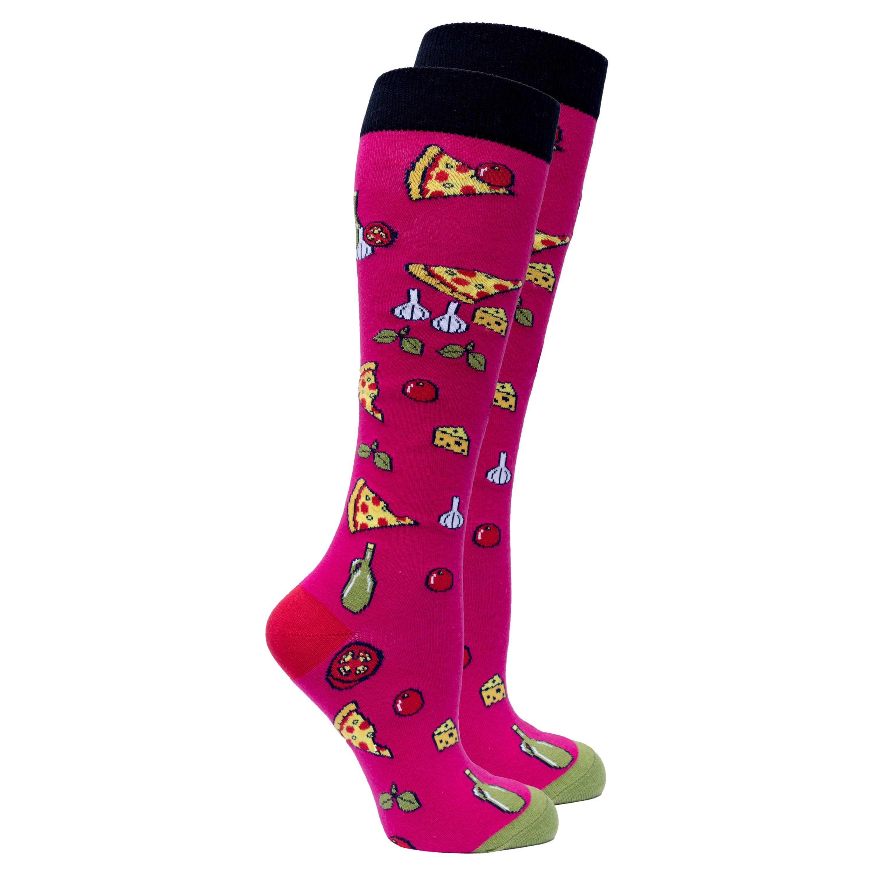 Colorful Women's Pizza Chef Knee High Socks featuring a fun pizza design, made from soft Turkish cotton for comfort and style.