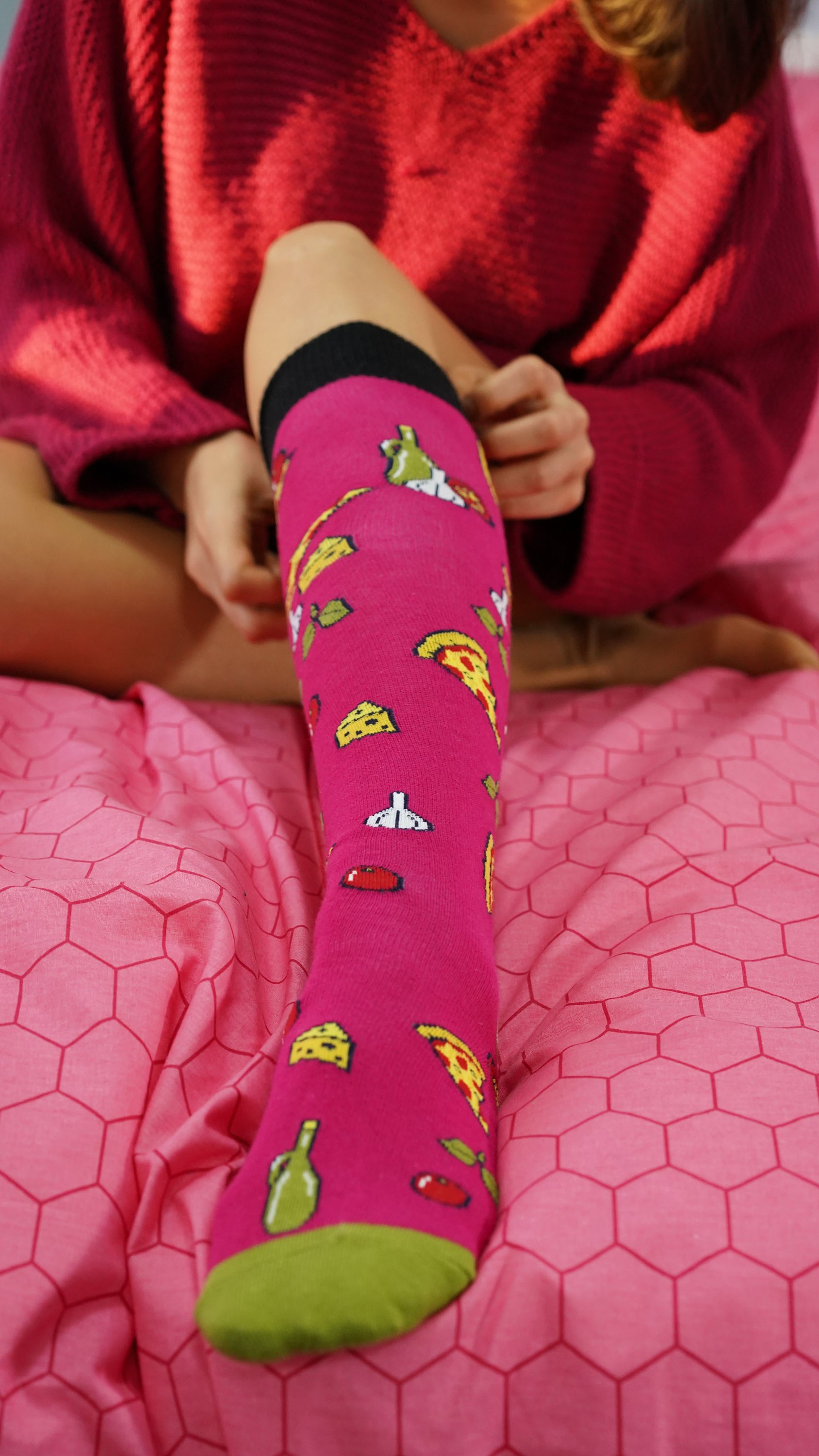 Colorful Women's Pizza Chef Knee High Socks featuring a fun pizza design, made from soft Turkish cotton for comfort and style.