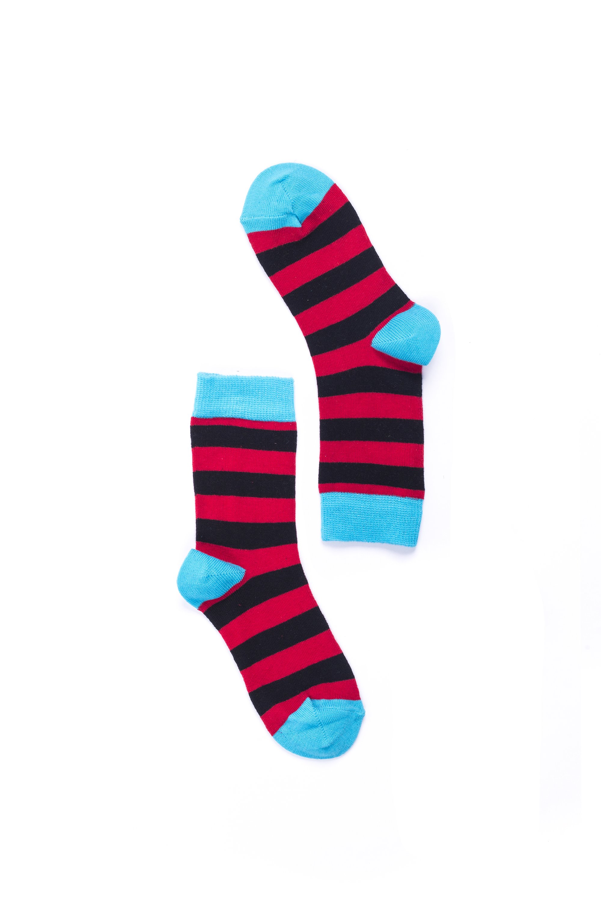 A pair of Women's Red Sky Stripe Socks featuring vibrant red and sky blue stripes, made from soft Turkish cotton for comfort and style.