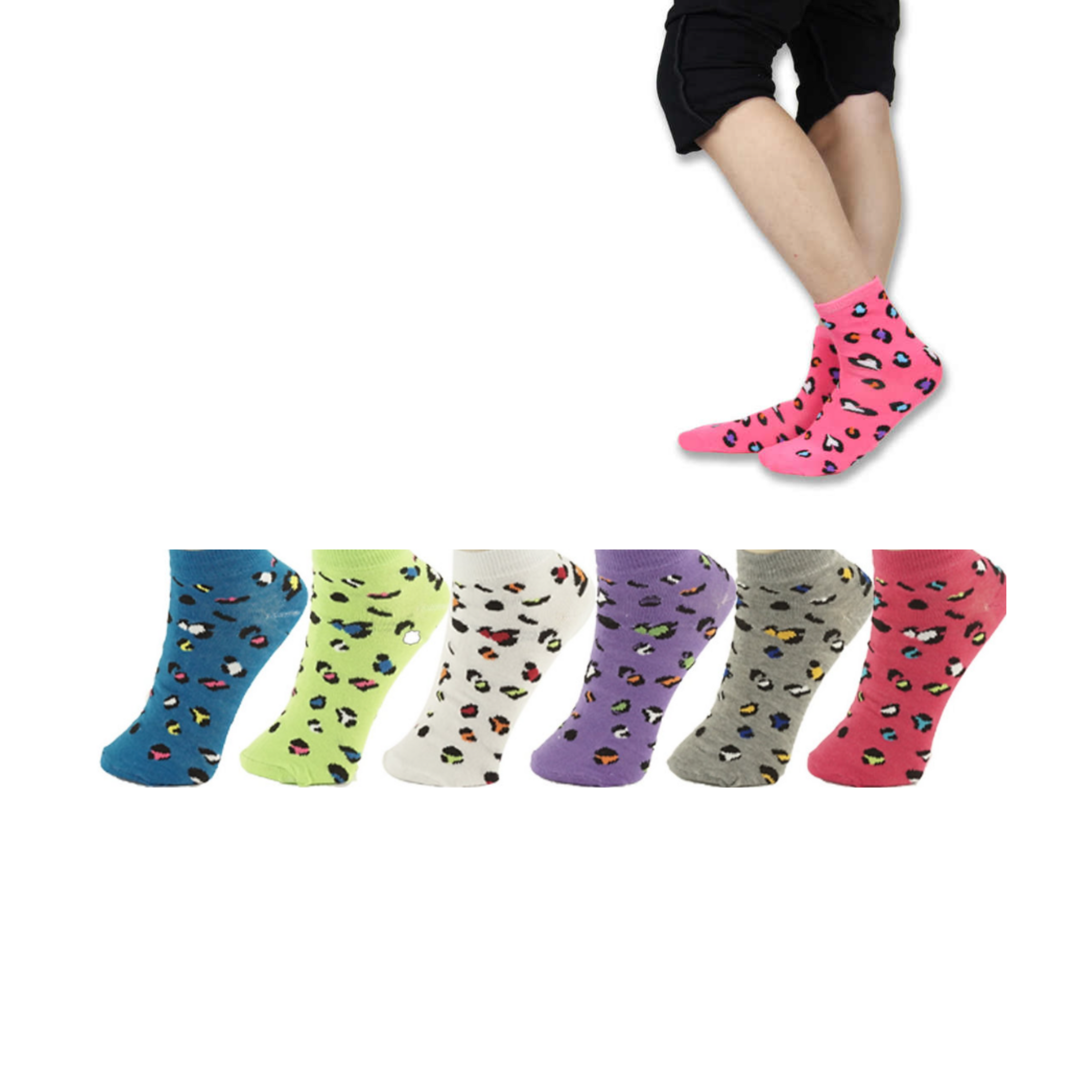 A pack of stylish women's socks featuring a trendy cheetah print design, available in assorted colors and sizes 9-11.