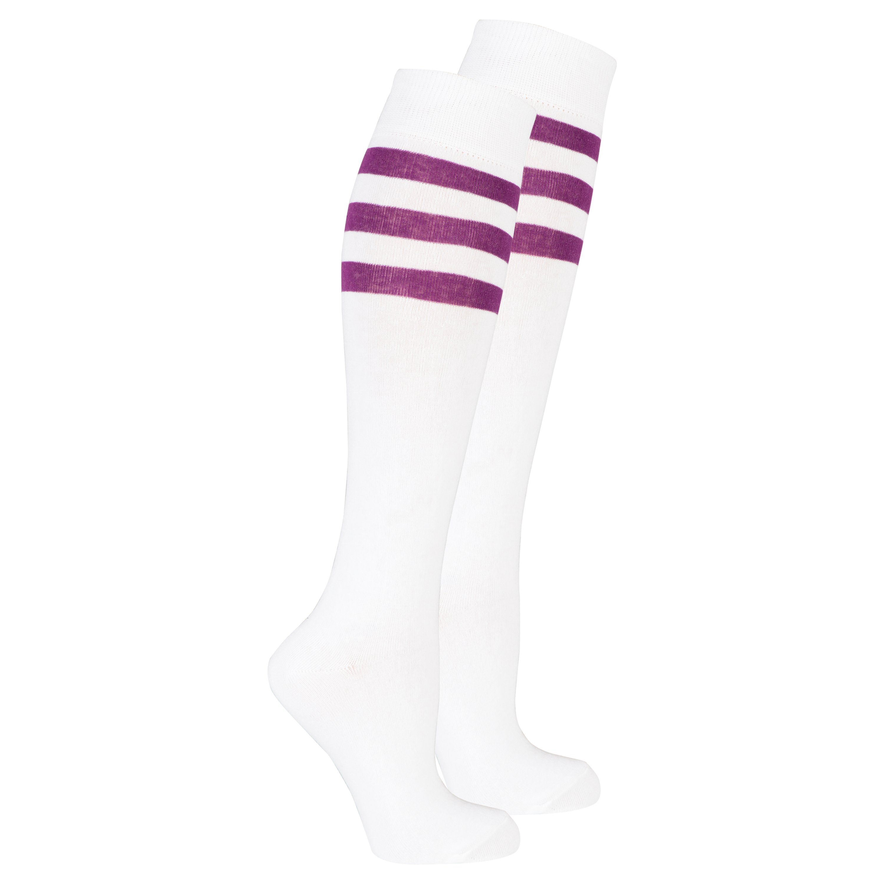 A pair of stylish Women's Solid Purple Stripe Knee High Socks, showcasing vibrant purple stripes and a comfortable fit.