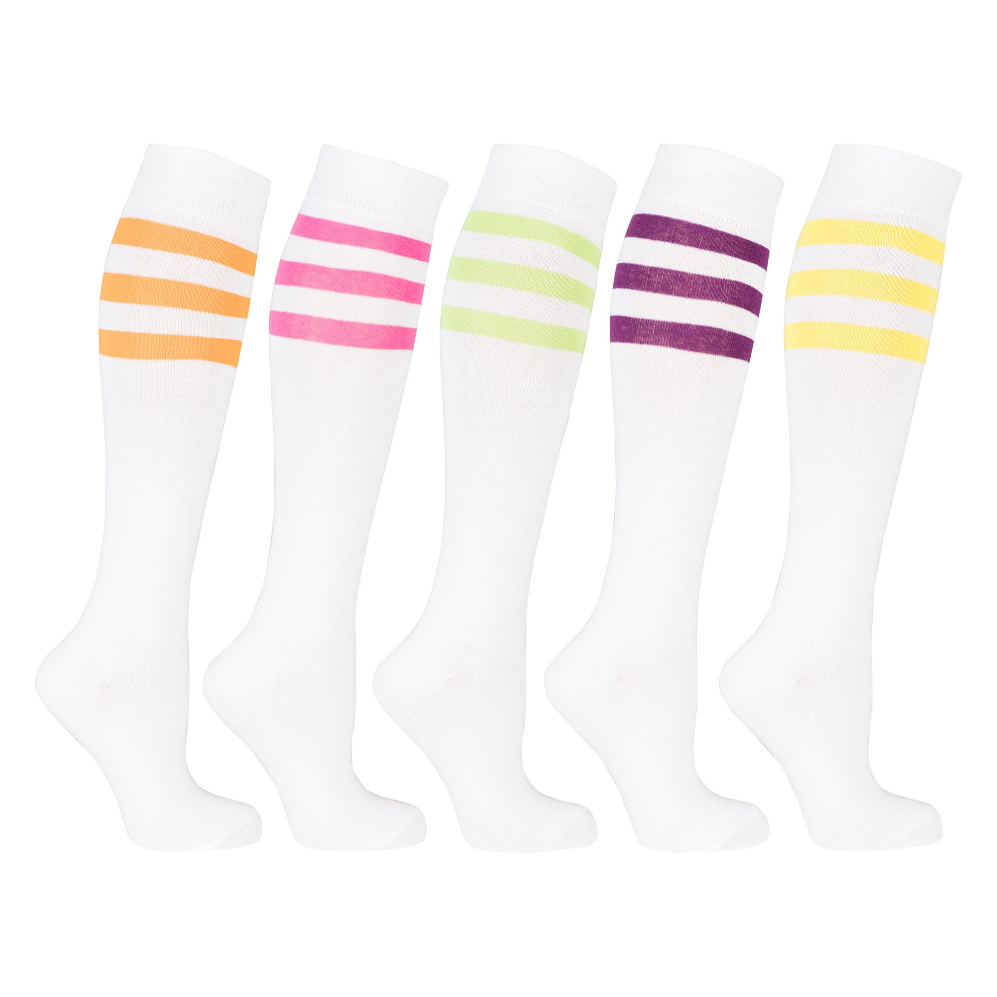 A vibrant set of Women's Solid Stripe Knee High Socks featuring colorful patterns and a comfortable fit, perfect for stylish outfits.