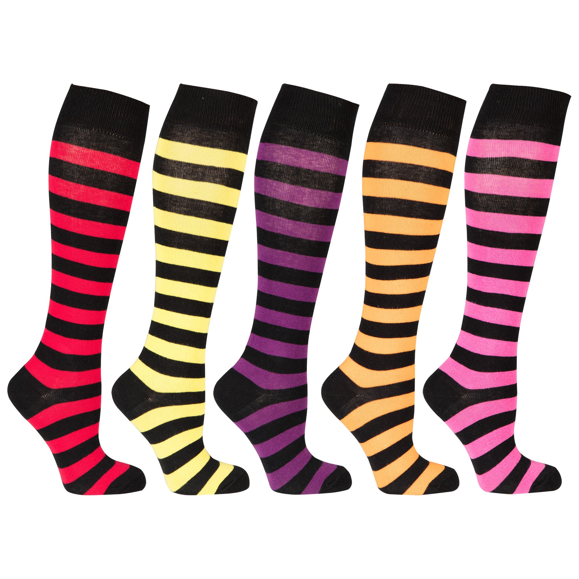 A vibrant set of women's knee-high socks featuring stylish stripes in various colors, perfect for adding flair to any outfit.