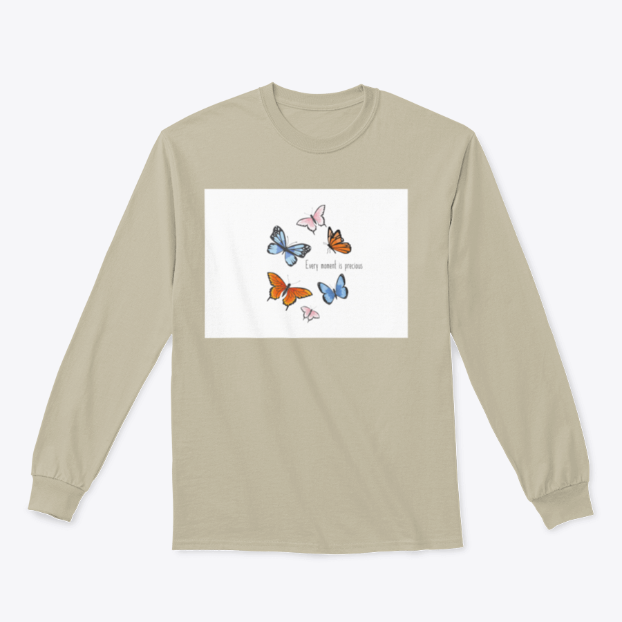 A vibrant sweatshirt featuring a colorful butterfly design, made from soft cotton fabric, showcasing a classic fit and midweight construction.