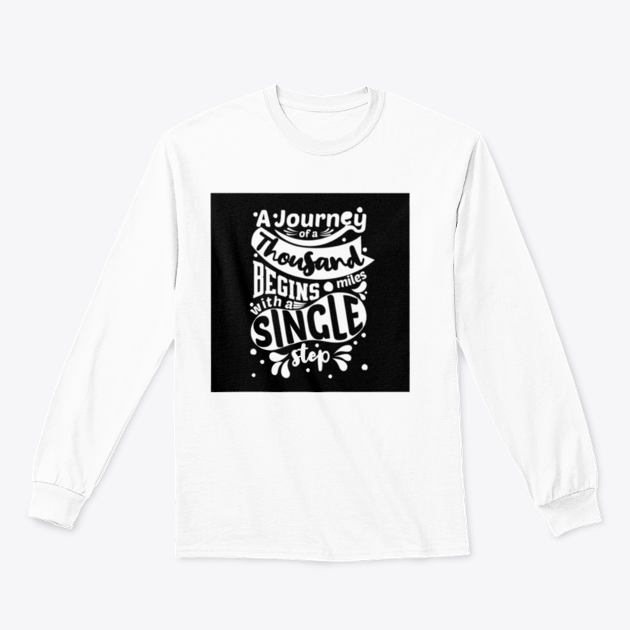 Premium cotton t-shirt featuring the phrase 'A Journey Of A Thousand Miles Begins With A Single Step' in a classic fit, showcasing its soft fabric and durable design.
