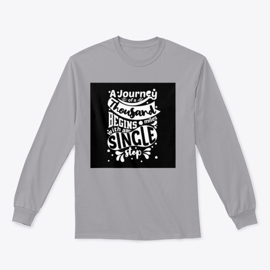 Premium cotton t-shirt featuring the phrase 'A Journey Of A Thousand Miles Begins With A Single Step' in a classic fit, showcasing its soft fabric and durable design.