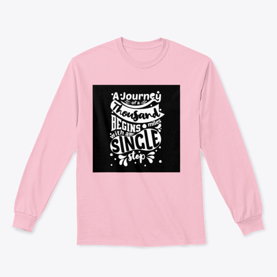 Premium cotton t-shirt featuring the phrase 'A Journey Of A Thousand Miles Begins With A Single Step' in a classic fit, showcasing its soft fabric and durable design.
