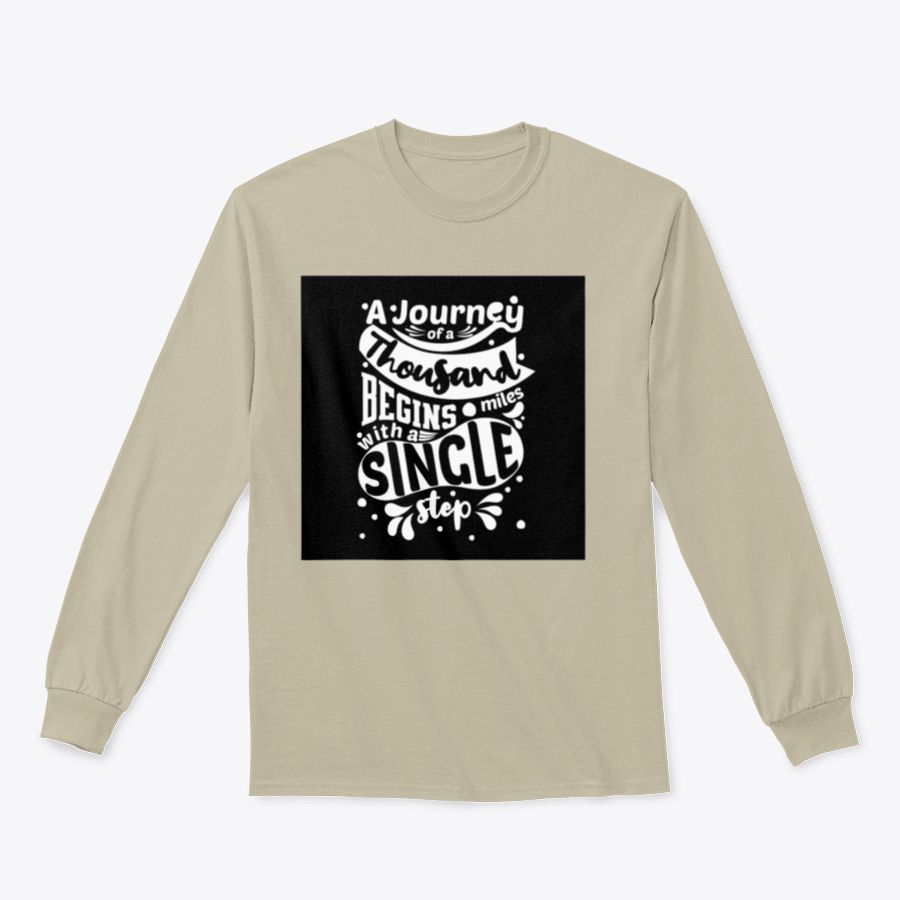 Premium cotton t-shirt featuring the phrase 'A Journey Of A Thousand Miles Begins With A Single Step' in a classic fit, showcasing its soft fabric and durable design.