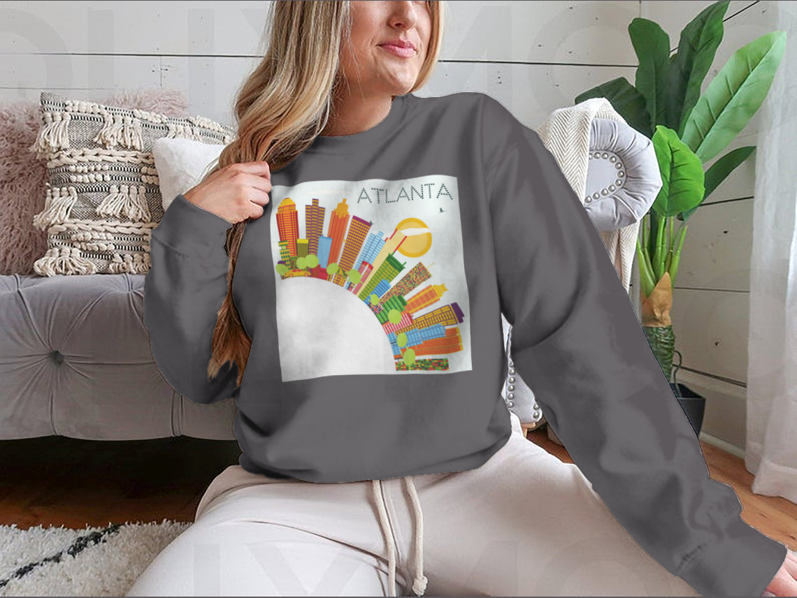 Vibrant artwork of the Atlanta skyline featuring colorful buildings against a clear blue sky, ideal for home or office decor.