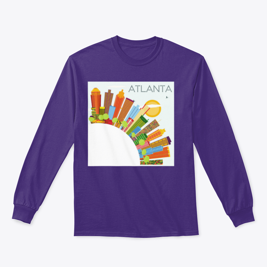 Vibrant artwork of the Atlanta skyline featuring colorful buildings against a clear blue sky, ideal for home or office decor.