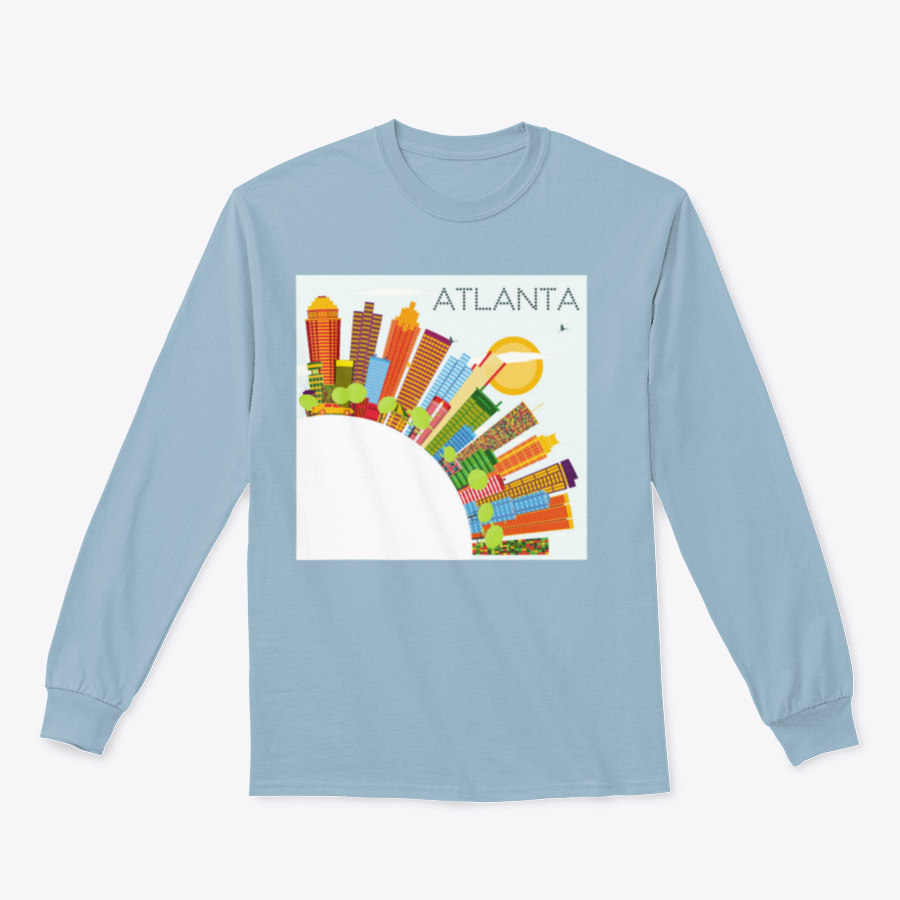 Vibrant artwork of the Atlanta skyline featuring colorful buildings against a clear blue sky, ideal for home or office decor.