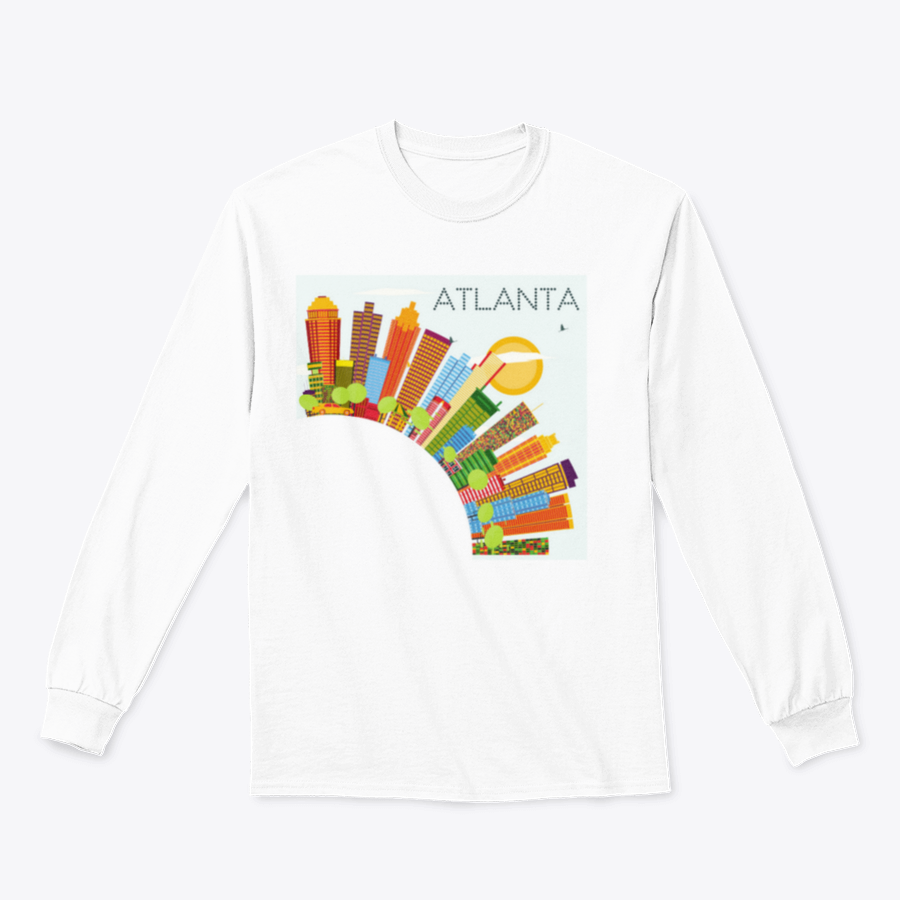 Vibrant artwork of the Atlanta skyline featuring colorful buildings against a clear blue sky, ideal for home or office decor.