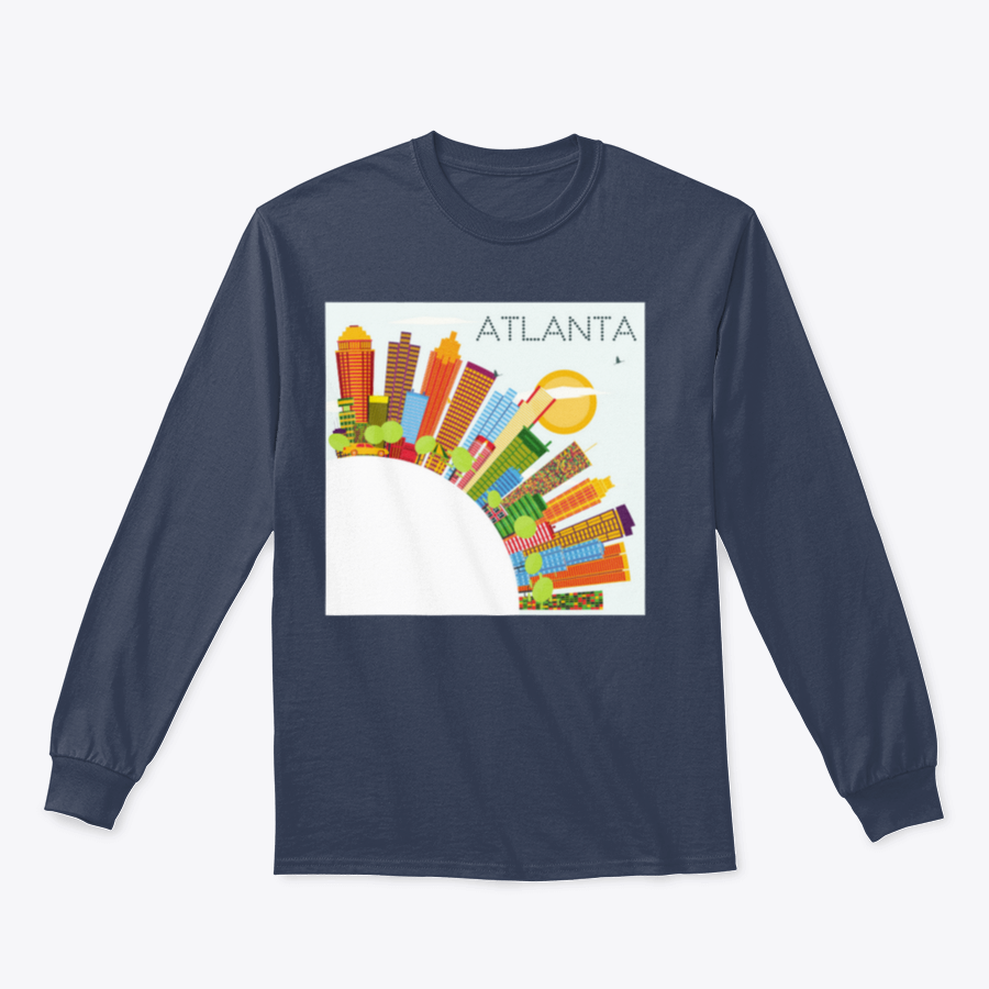 Vibrant artwork of the Atlanta skyline featuring colorful buildings against a clear blue sky, ideal for home or office decor.