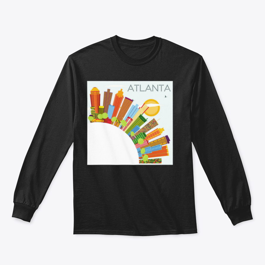 Vibrant artwork of the Atlanta skyline featuring colorful buildings against a clear blue sky, ideal for home or office decor.