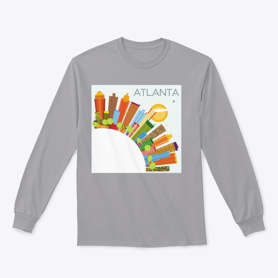 Vibrant artwork of the Atlanta skyline featuring colorful buildings against a clear blue sky, ideal for home or office decor.