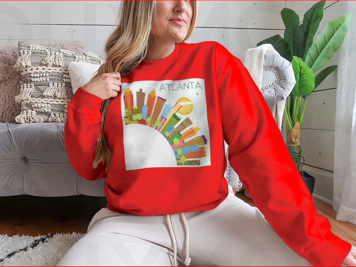 Vibrant artwork of the Atlanta skyline featuring colorful buildings against a clear blue sky, ideal for home or office decor.