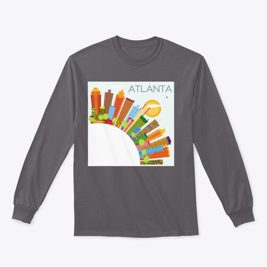 Vibrant artwork of the Atlanta skyline featuring colorful buildings against a clear blue sky, ideal for home or office decor.