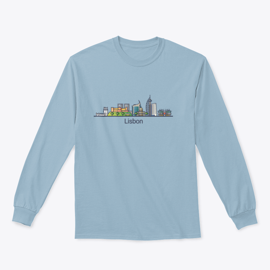Flat line art design of Lisbon city skyline featuring iconic landmarks in a minimalist style.