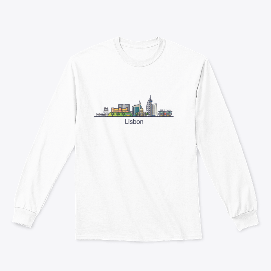 Flat line art design of Lisbon city skyline featuring iconic landmarks in a minimalist style.