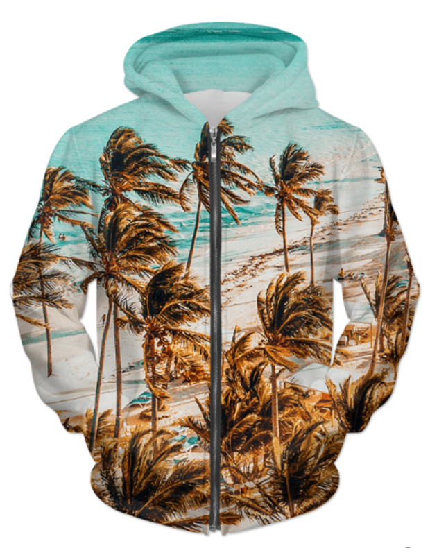A vibrant Beach Unisex Zip Hoodie featuring a colorful design, perfect for casual wear and beach outings.