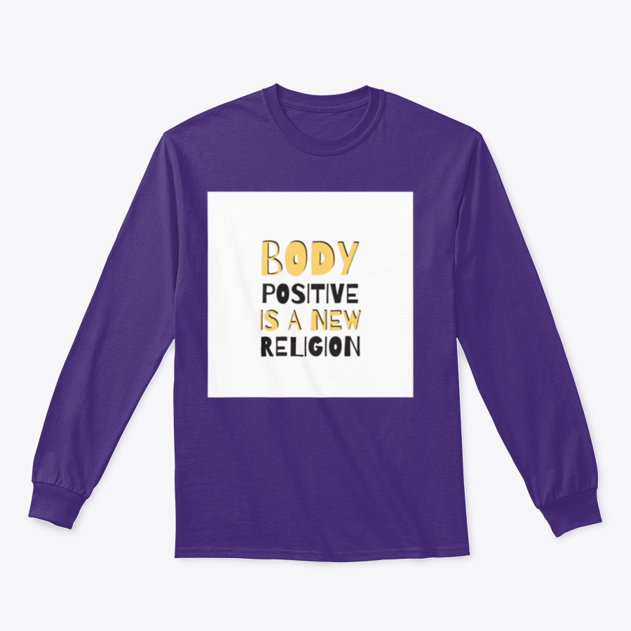 A cozy sweatshirt featuring the motivational phrase 'Body Positive Is A New Religion', showcasing a classic fit and soft fabric.