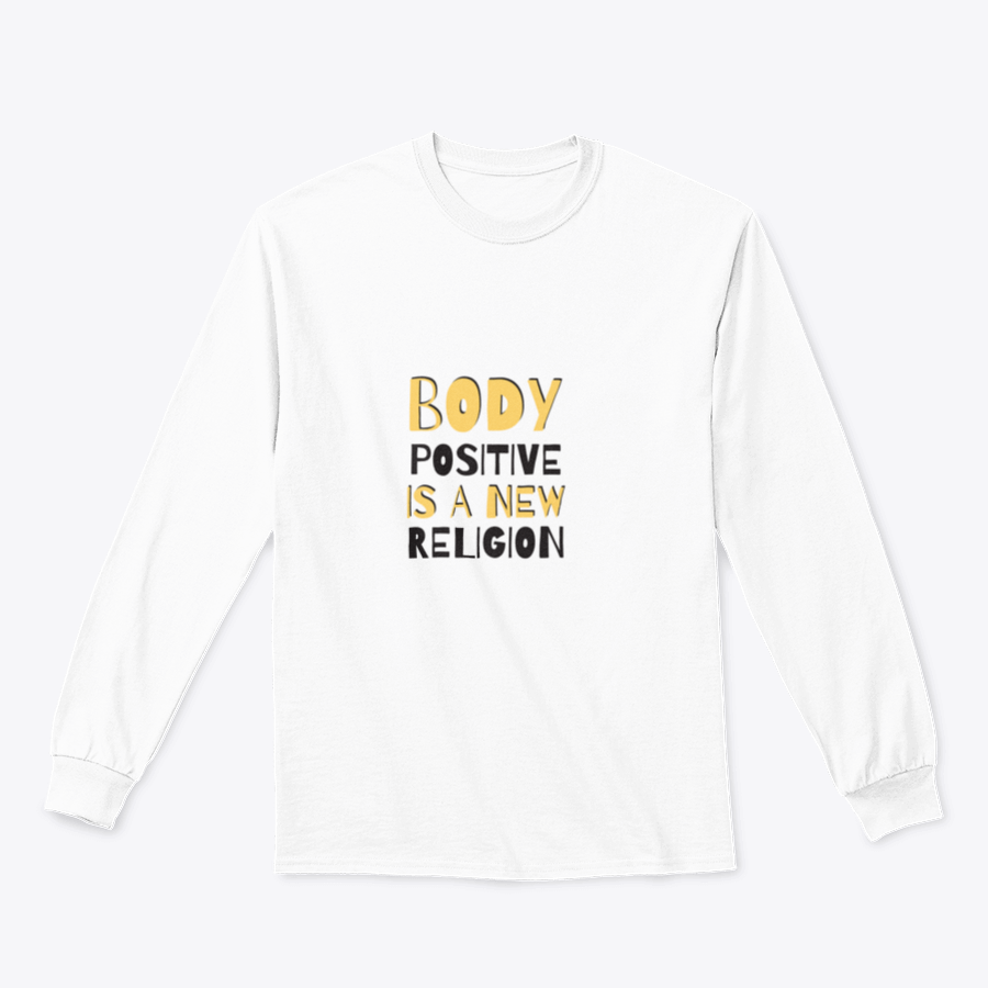 A cozy sweatshirt featuring the motivational phrase 'Body Positive Is A New Religion', showcasing a classic fit and soft fabric.