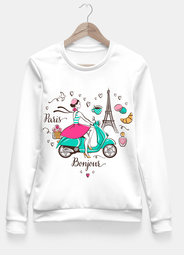 A stylish Bonjour, Paris Fitted Waist Sweater featuring a unique full print design, showcasing vibrant colors and patterns, perfect for casual wear.