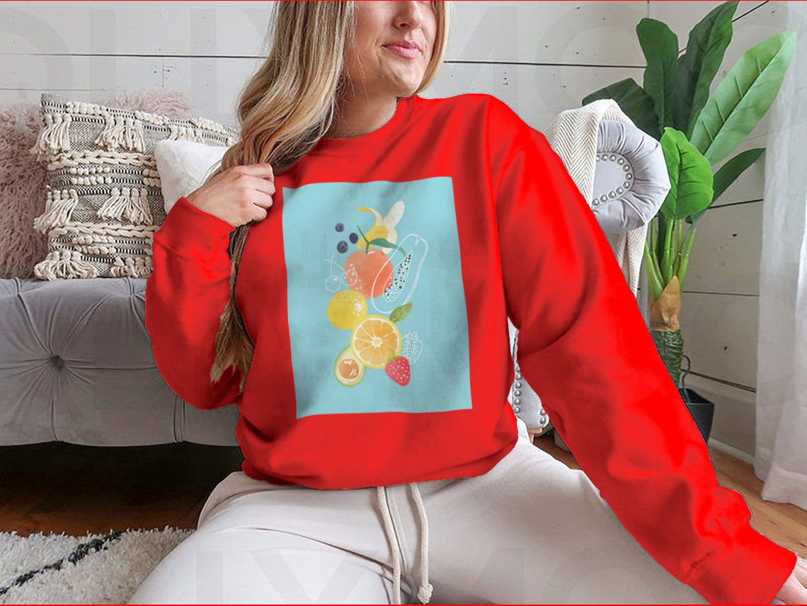 A vibrant Cartoon Fresh Fruits Watercolor T-Shirt featuring colorful fruit illustrations on a soft cotton fabric.