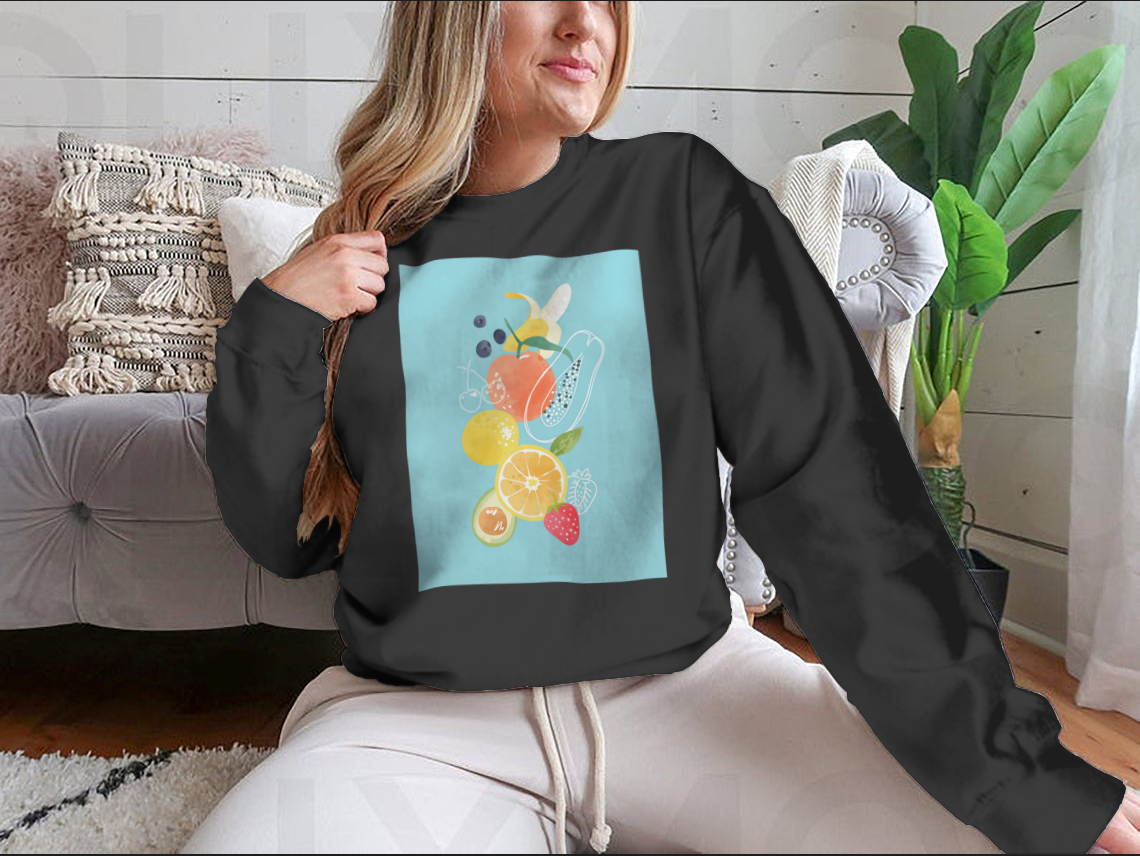 A vibrant Cartoon Fresh Fruits Watercolor T-Shirt featuring colorful fruit illustrations on a soft cotton fabric.