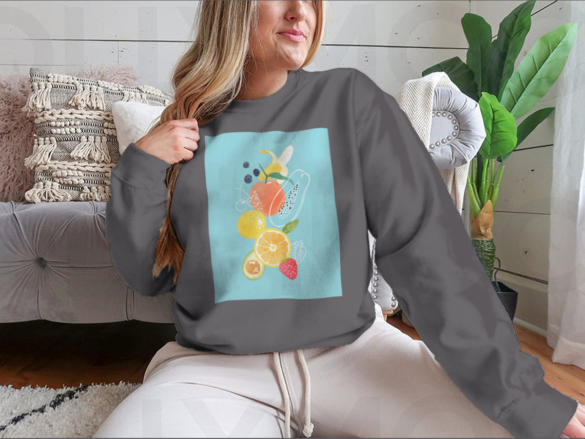 A vibrant Cartoon Fresh Fruits Watercolor T-Shirt featuring colorful fruit illustrations on a soft cotton fabric.