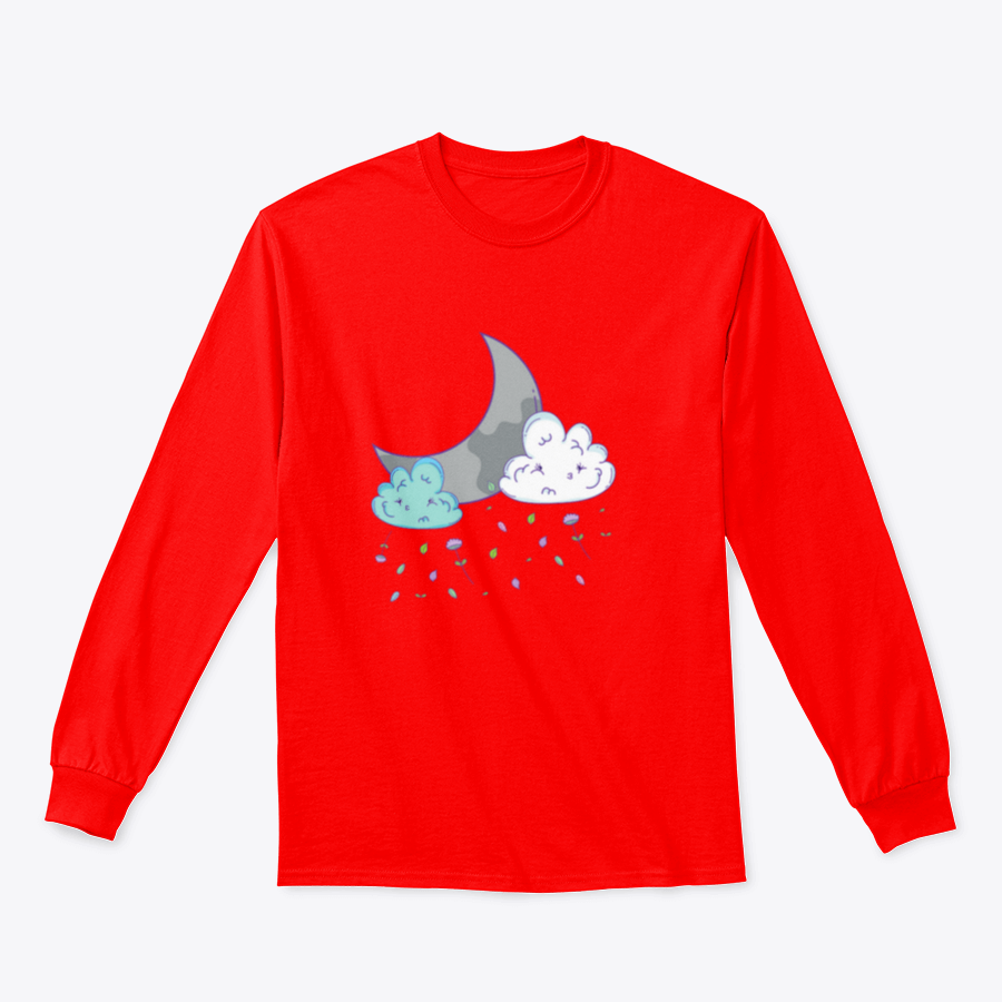 A playful cartoon shirt design featuring clouds and a crescent moon, made from soft cotton fabric.