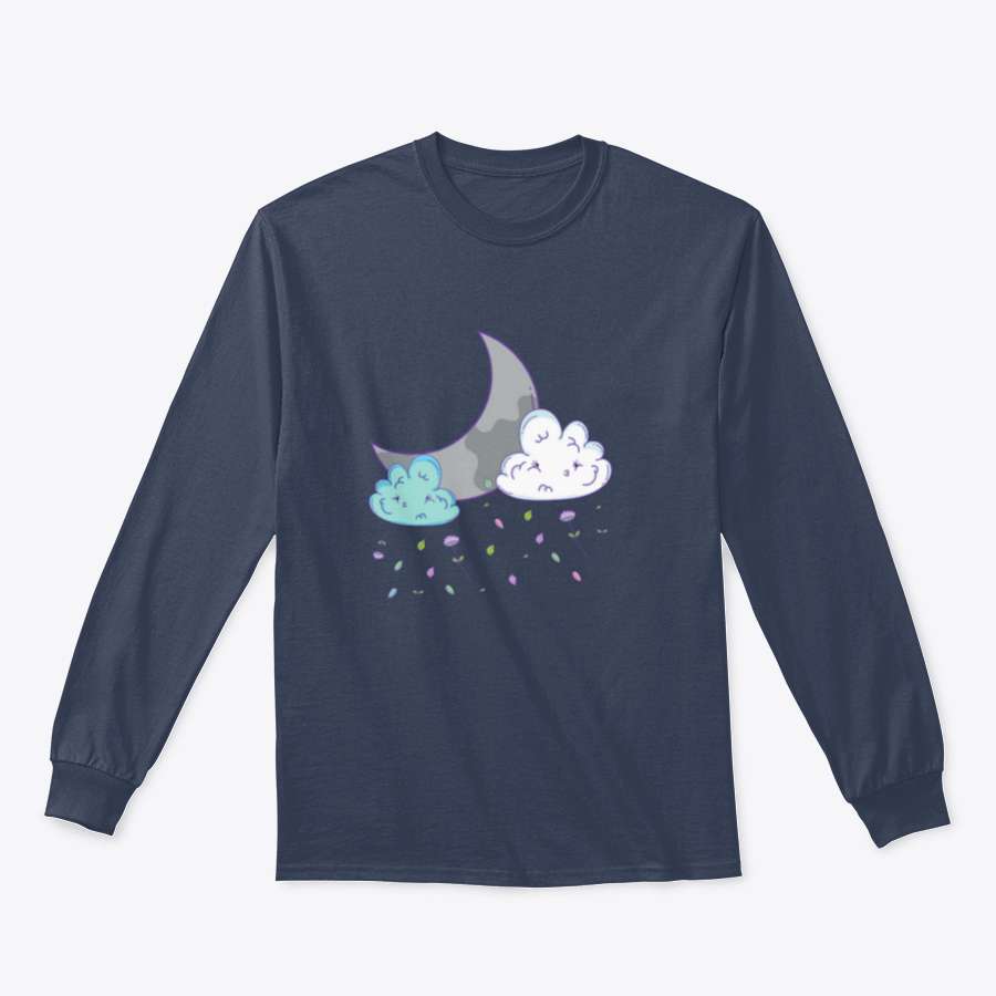 A playful cartoon shirt design featuring clouds and a crescent moon, made from soft cotton fabric.