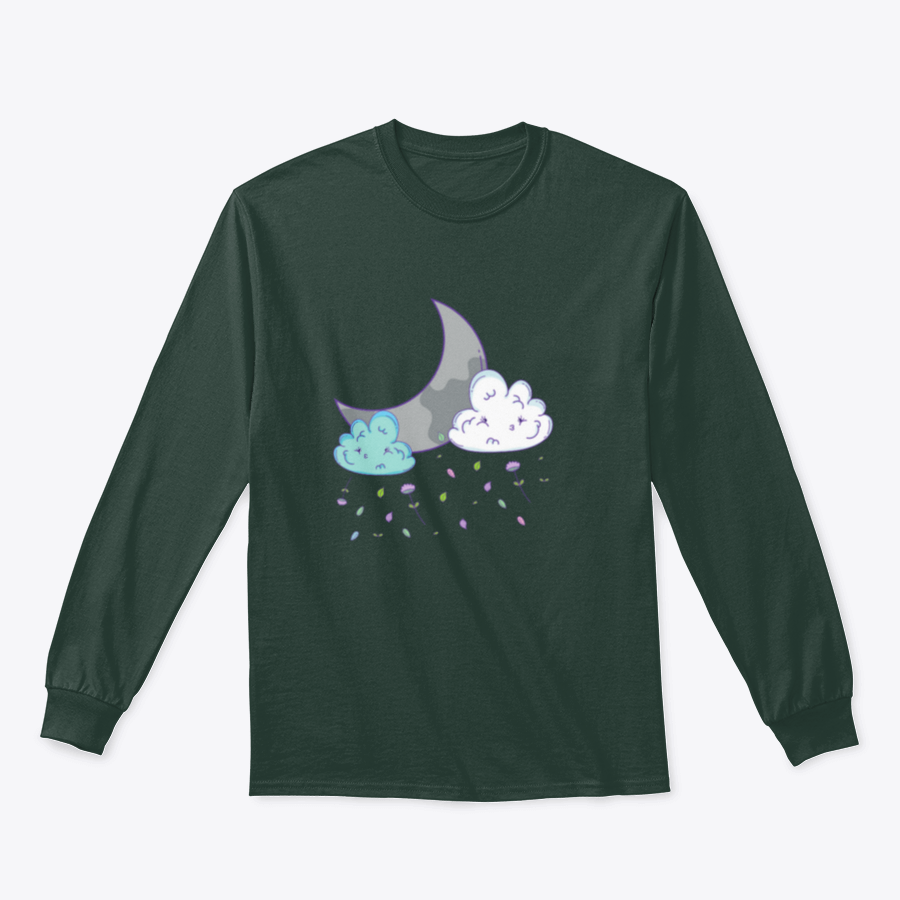 A playful cartoon shirt design featuring clouds and a crescent moon, made from soft cotton fabric.