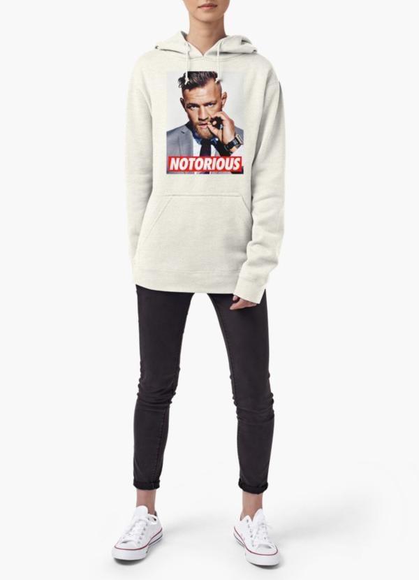 Gray Conor McGregor women hoodie with unique full print design, showcasing vibrant custom prints like galaxy and emojis.