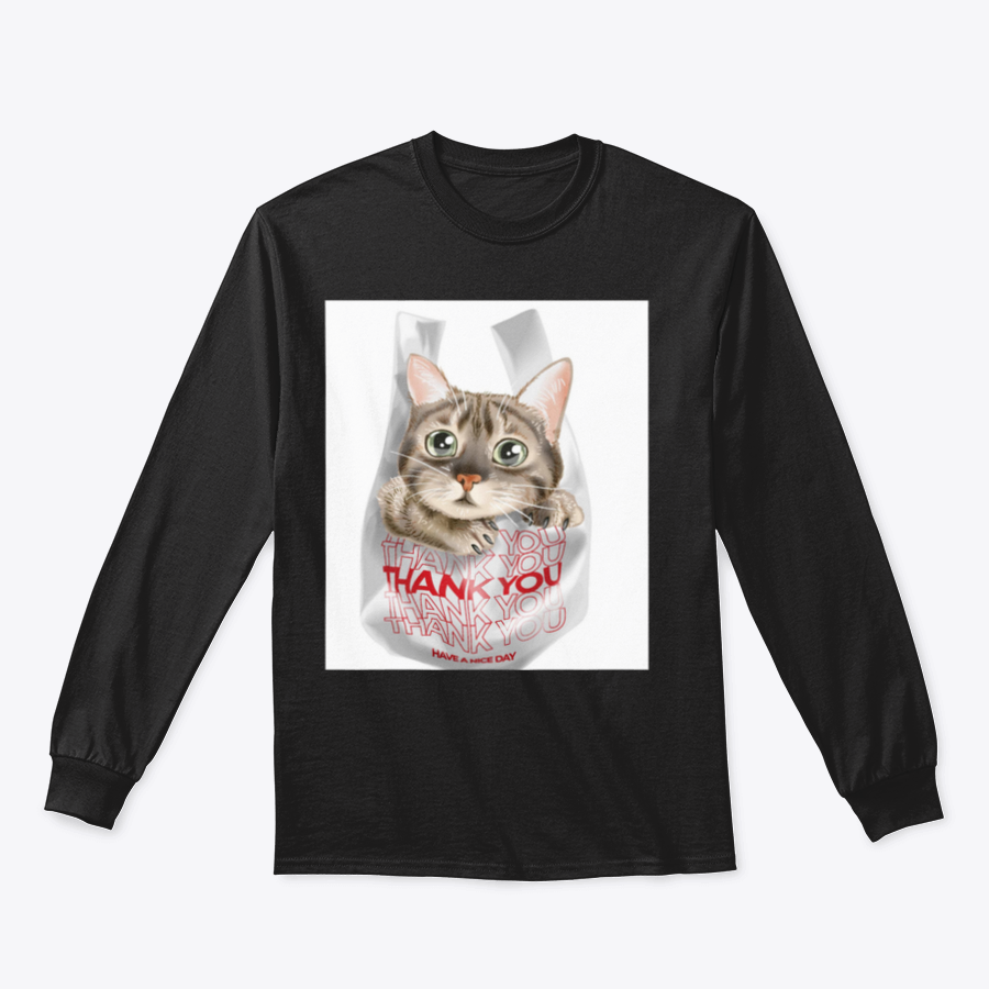 Illustration print design featuring a cute cat in a white plastic bag, showcasing a playful and whimsical style.