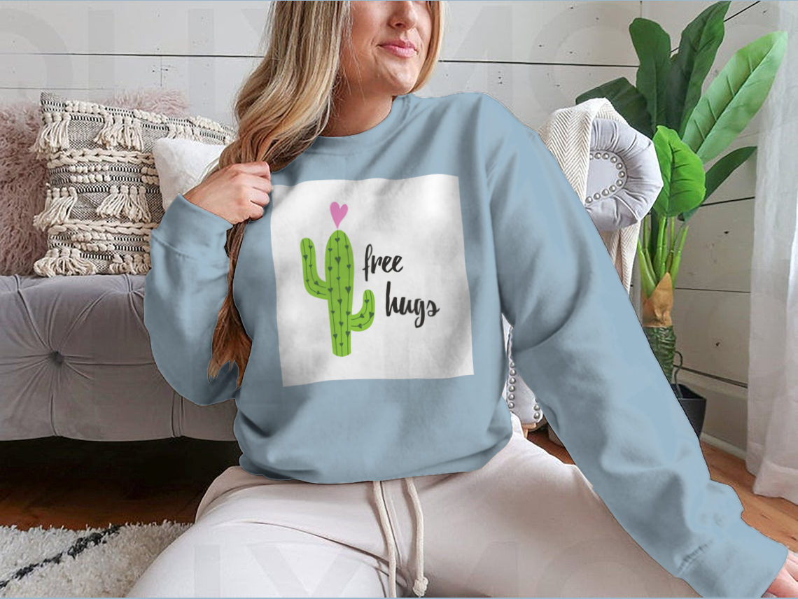 Cute hand-drawn cactus print sweatshirt showcasing a vibrant cactus design on a cozy fabric.
