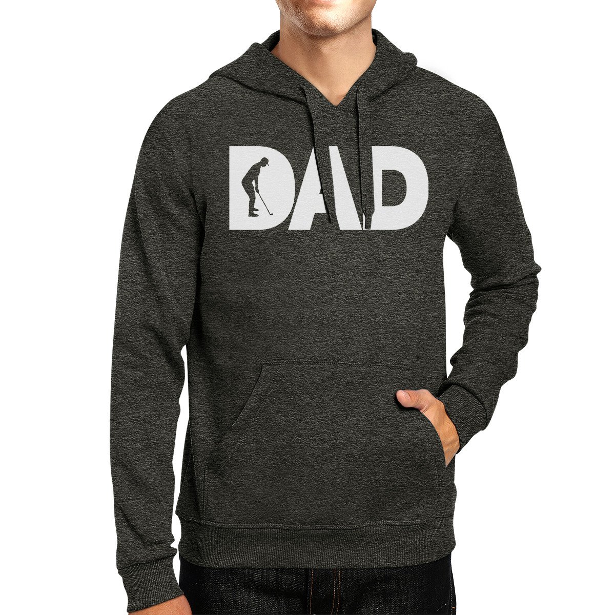 Dad Golf Gray Unisex Pullover Hoodie displayed on a mannequin, showcasing its soft fleece material and unique design.
