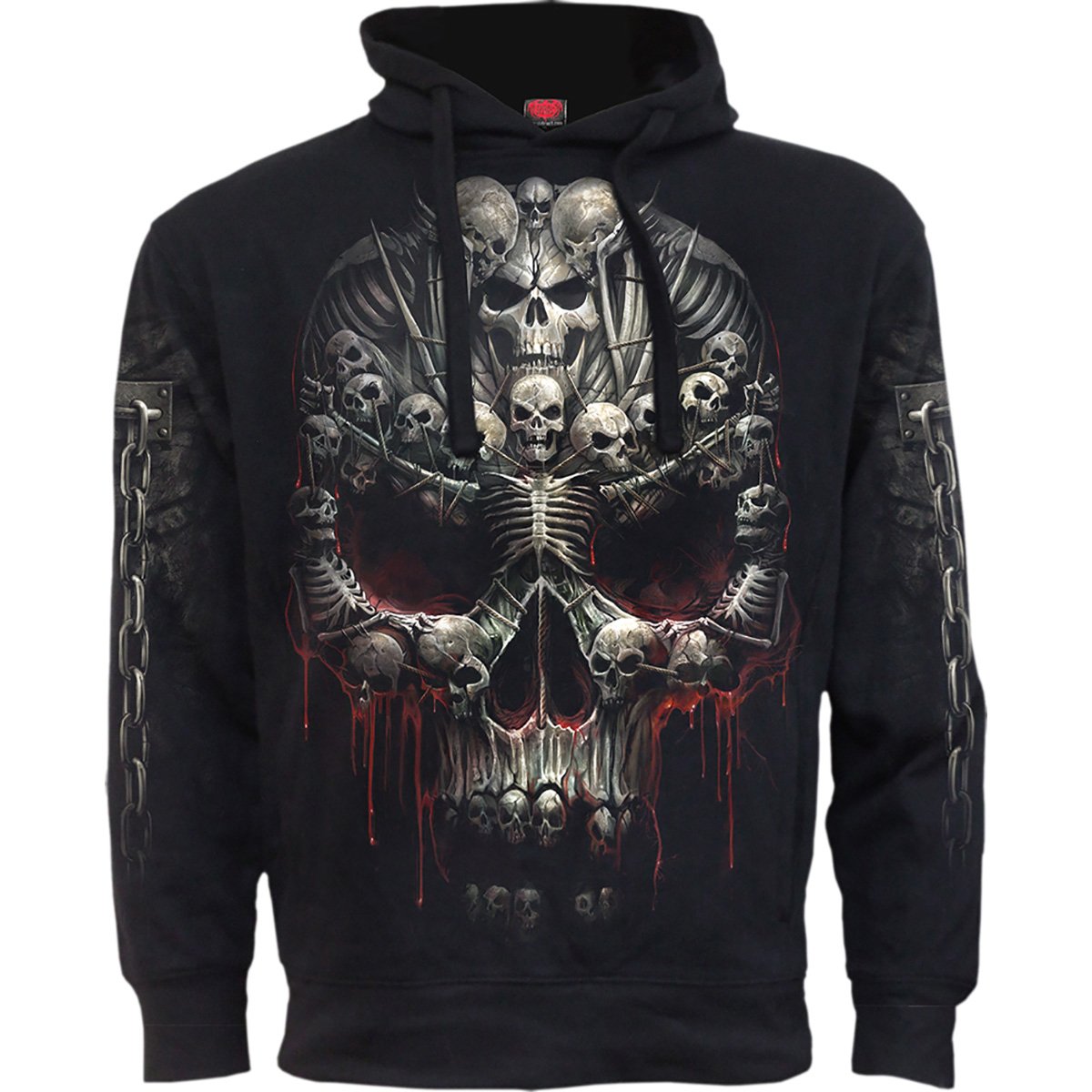 DEATH BONES Side Pocket Hoody in black featuring a skull and crucifix design, made from 100% cotton fleece.