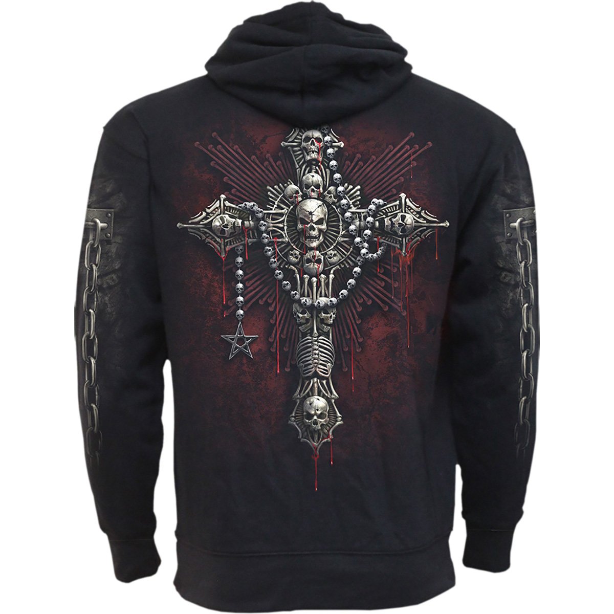 DEATH BONES Side Pocket Hoody in black featuring a skull and crucifix design, made from 100% cotton fleece.