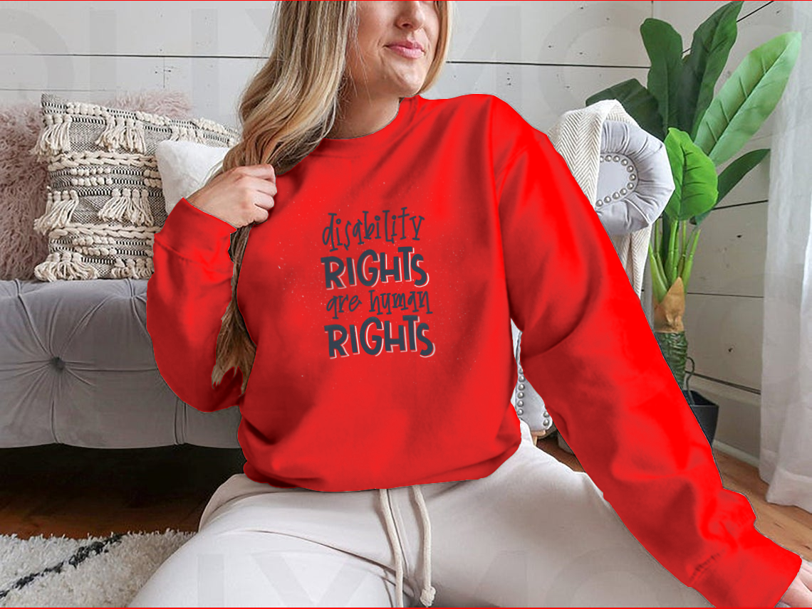A comfortable t-shirt featuring the phrase 'Disability Rights Are Human Rights', made from a cotton/polyester blend, showcasing a classic fit.
