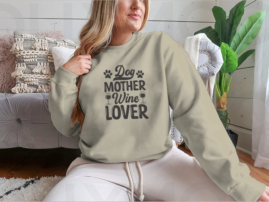 A stylish Dog Mother Wine Lover shirt featuring modern brush calligraphy, perfect for dog lovers and wine enthusiasts.