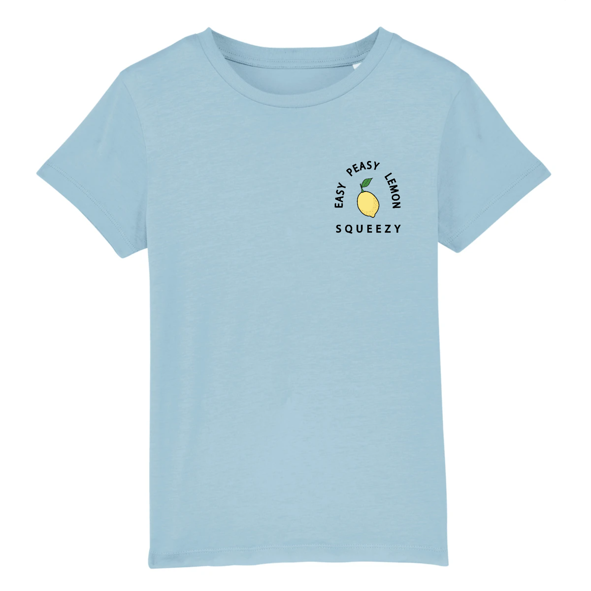 A vibrant yellow kid's t-shirt with the phrase 'Easy Peasy Lemon Squeezy' printed in playful font, made from 100% organic cotton.