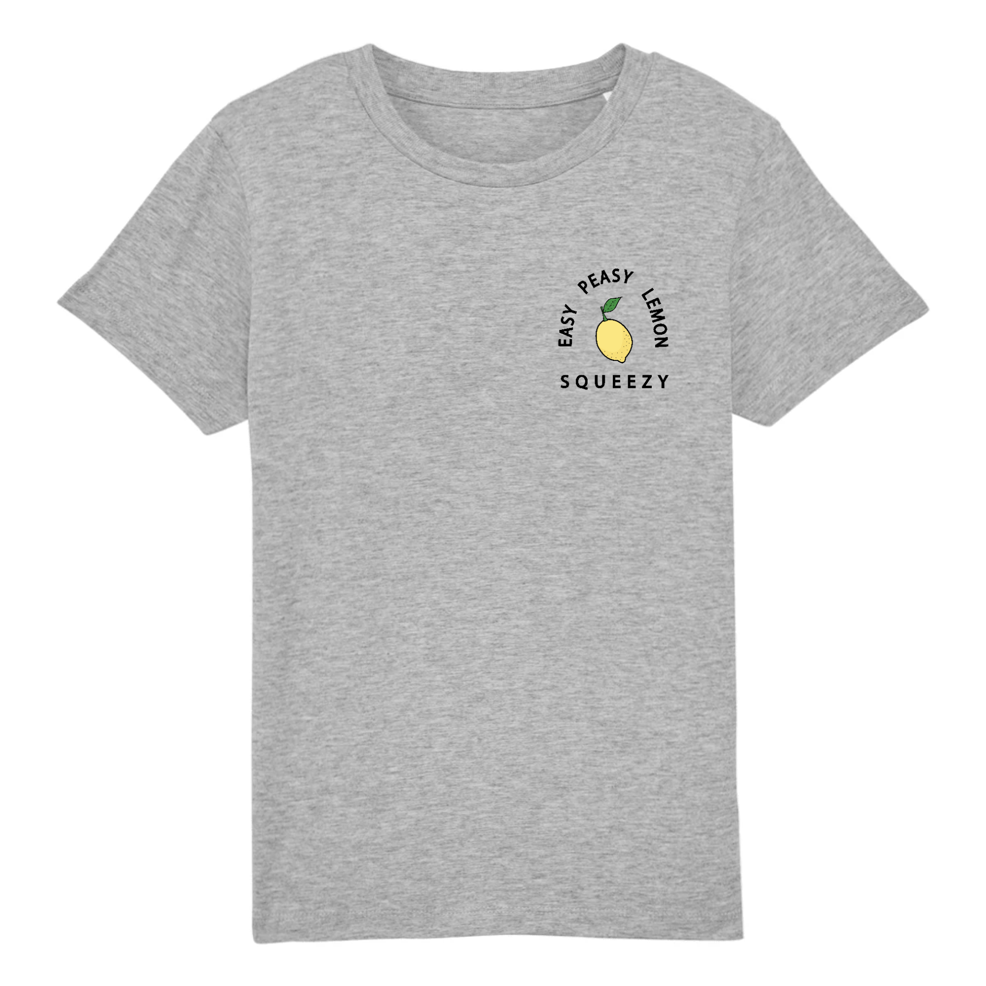 A vibrant yellow kid's t-shirt with the phrase 'Easy Peasy Lemon Squeezy' printed in playful font, made from 100% organic cotton.