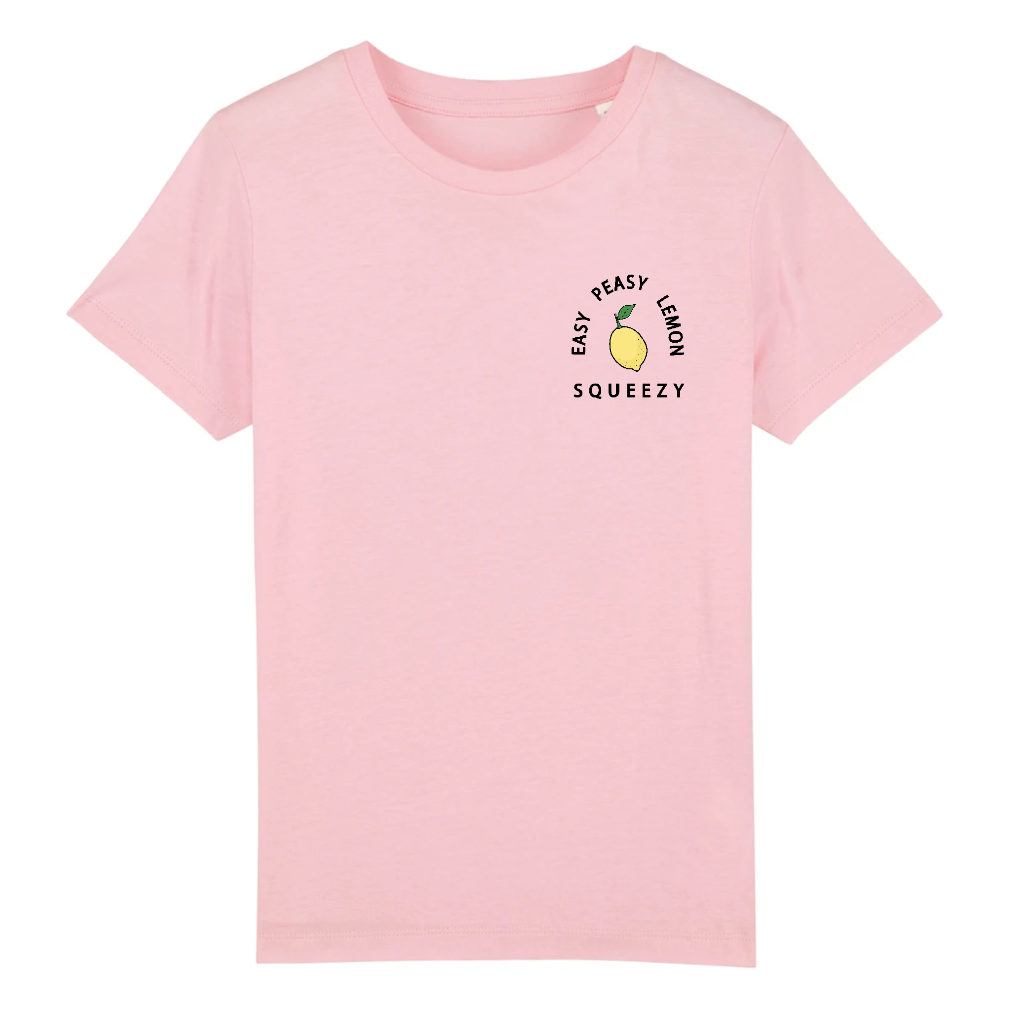 A vibrant yellow kid's t-shirt with the phrase 'Easy Peasy Lemon Squeezy' printed in playful font, made from 100% organic cotton.
