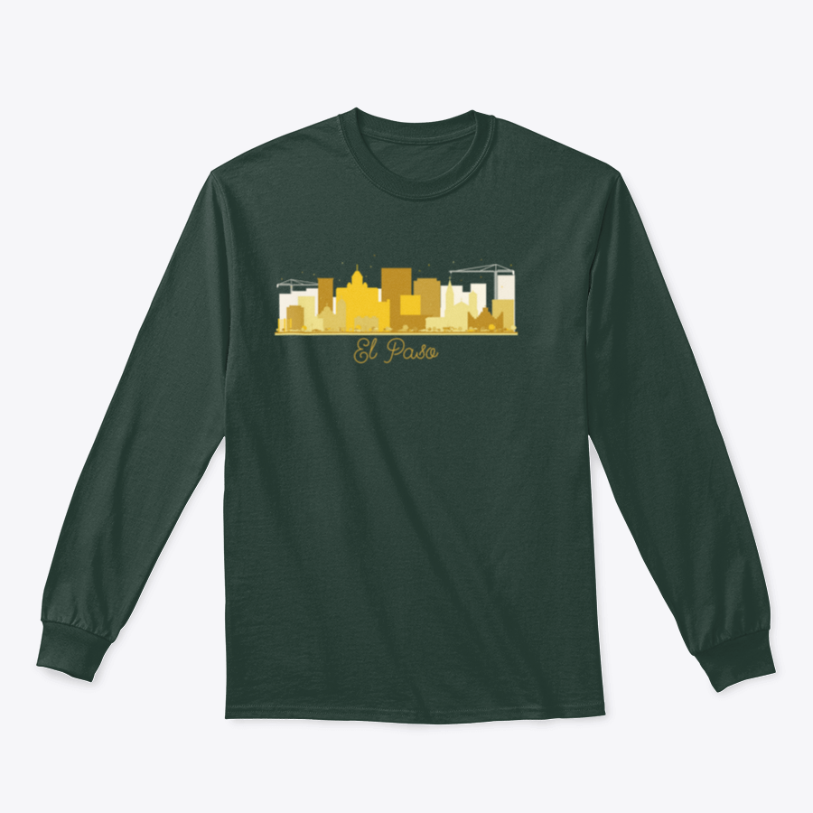 El Paso Texas skyline silhouette sweatshirt in golden color, showcasing a stylish design perfect for city lovers.